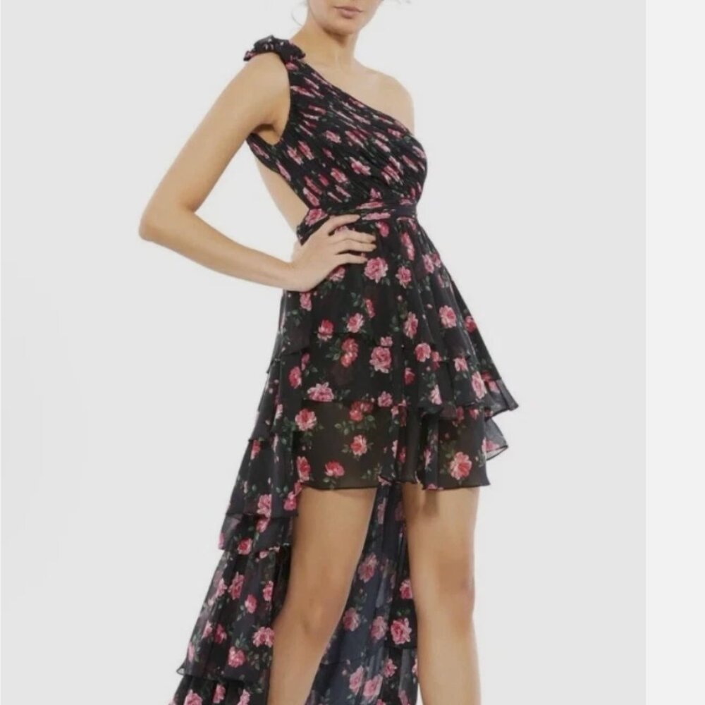 NWT Mac Duggal Black Floral Chiffon One Shoulder High Low Maxi Dress 2 MSRP 298